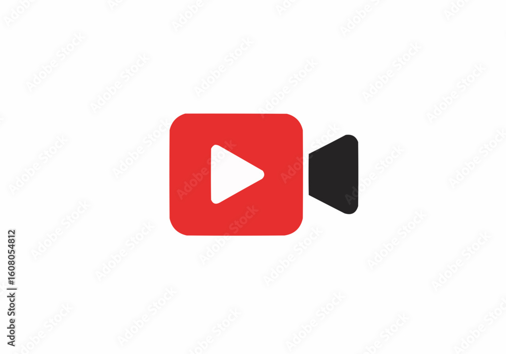 Aufkleber a red square with rounded corners and a white play button and a black triangle on the right side