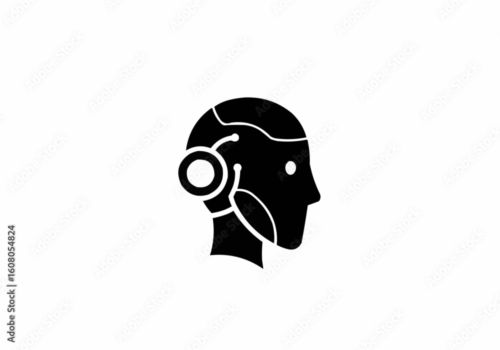 Poster illustration of a black robot head with a circular device attached to the side of the head design