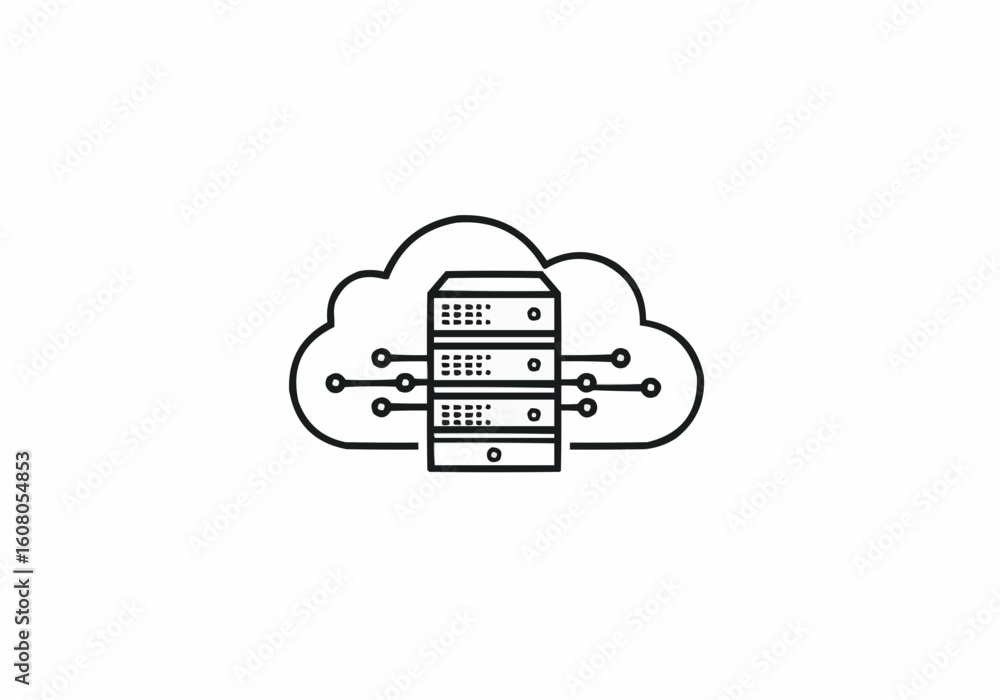 Aufkleber line drawing of a server rack connected to a cloud network with technology connections in black and 