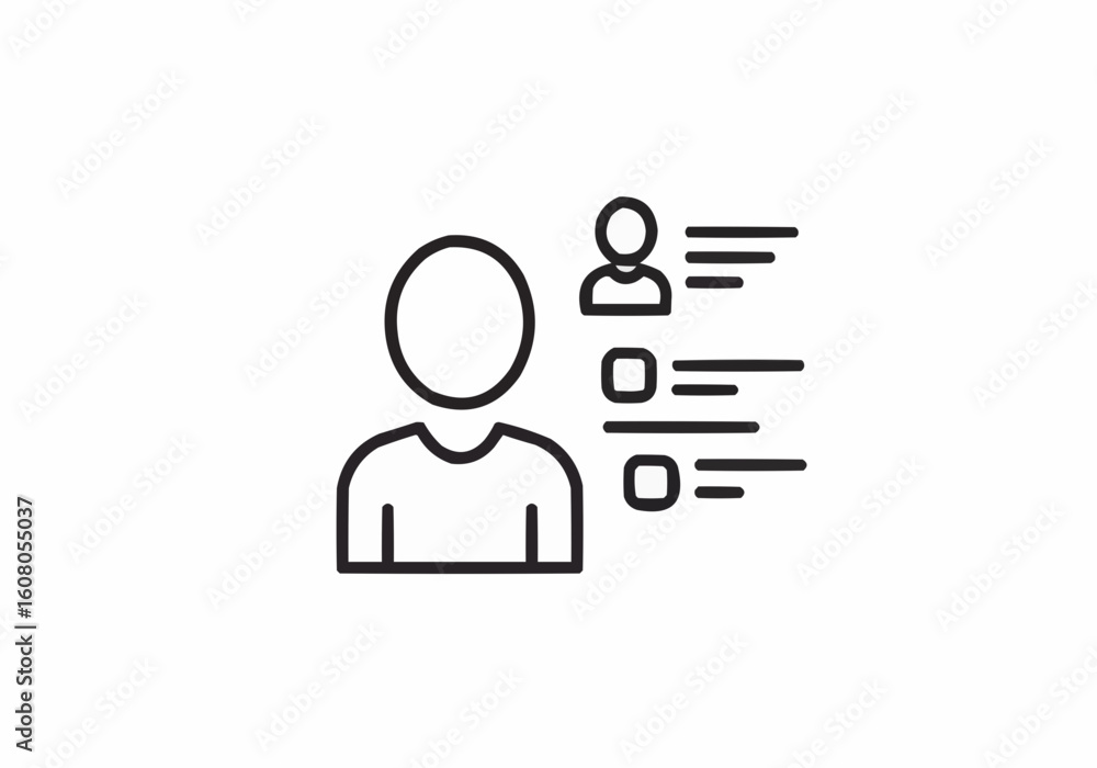 Poster person icon with profile information and checklist items in a simple outline style design concept