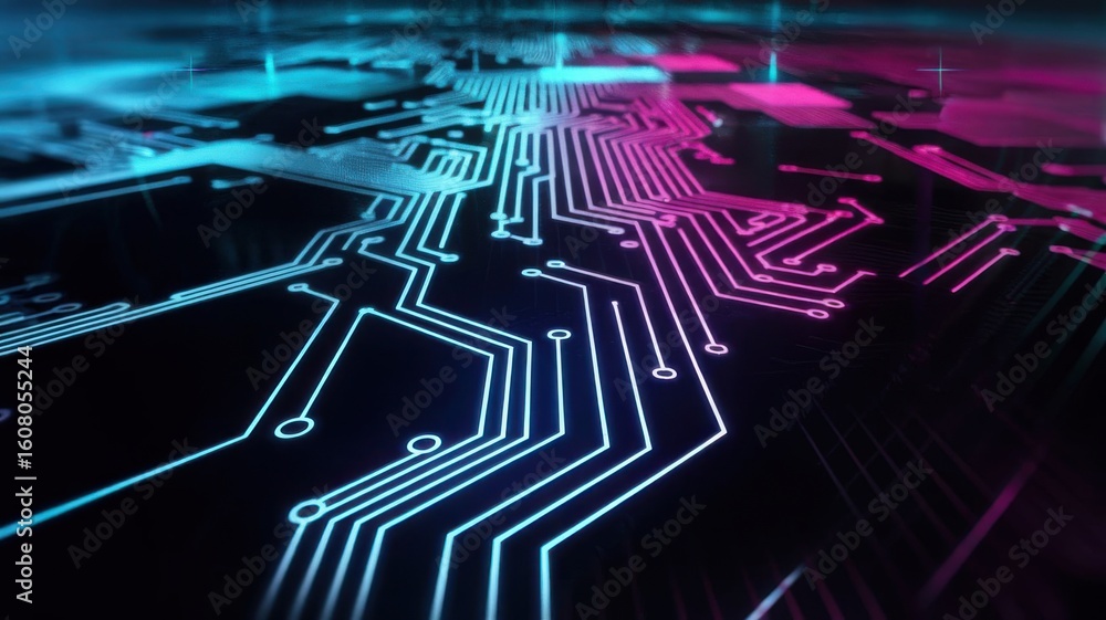 Poster futuristic illuminated circuit board design with neon color gradient effect