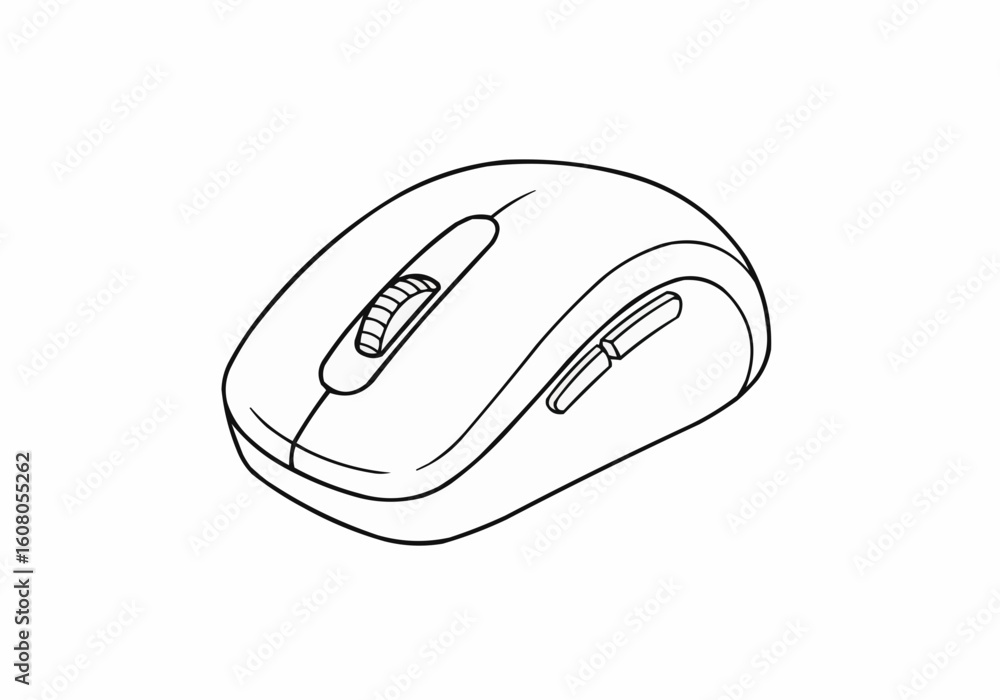 Fototapete A simple line drawing of a computer mouse with a scroll wheel and side buttons on white background