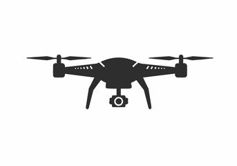 Silhouette of a drone with camera and propellers in a minimalist style against a white background
