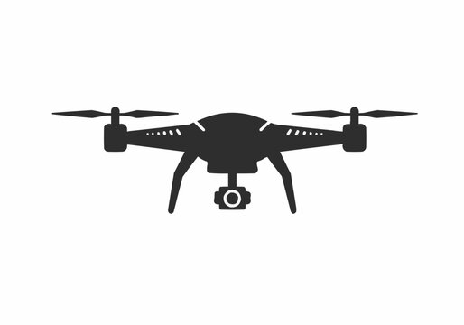Silhouette of a drone with camera and propellers in a minimalist style against a white background