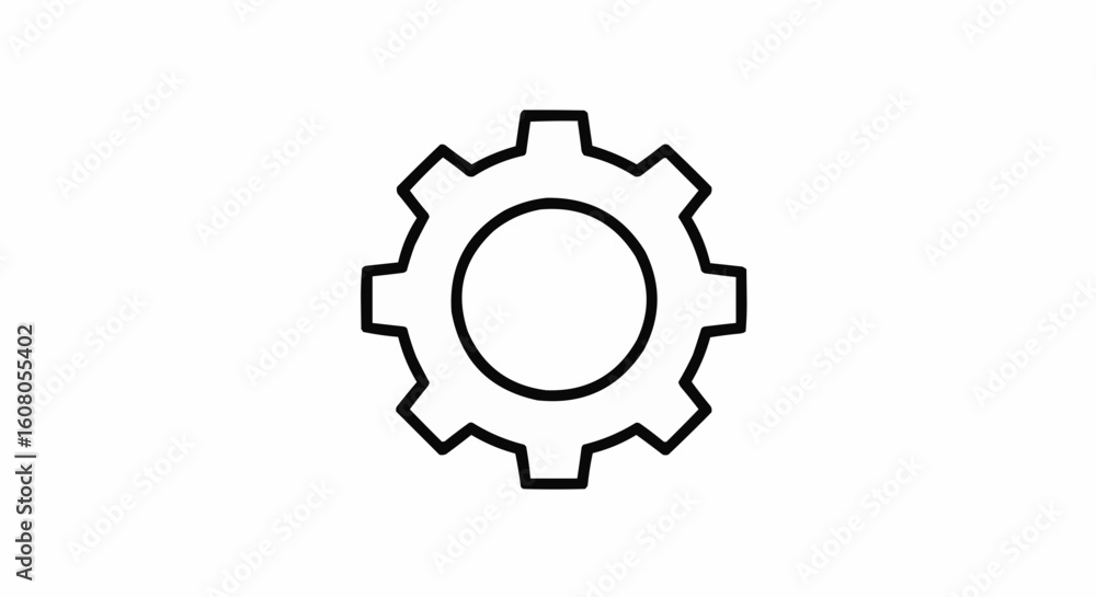 Poster outline drawing of a gear with many teeth and a circular center on a white background in simple styl