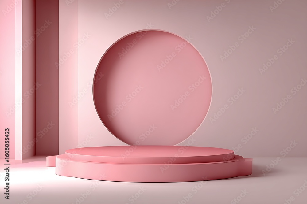 Poster two-tiered circular display platform in minimalist pink setting