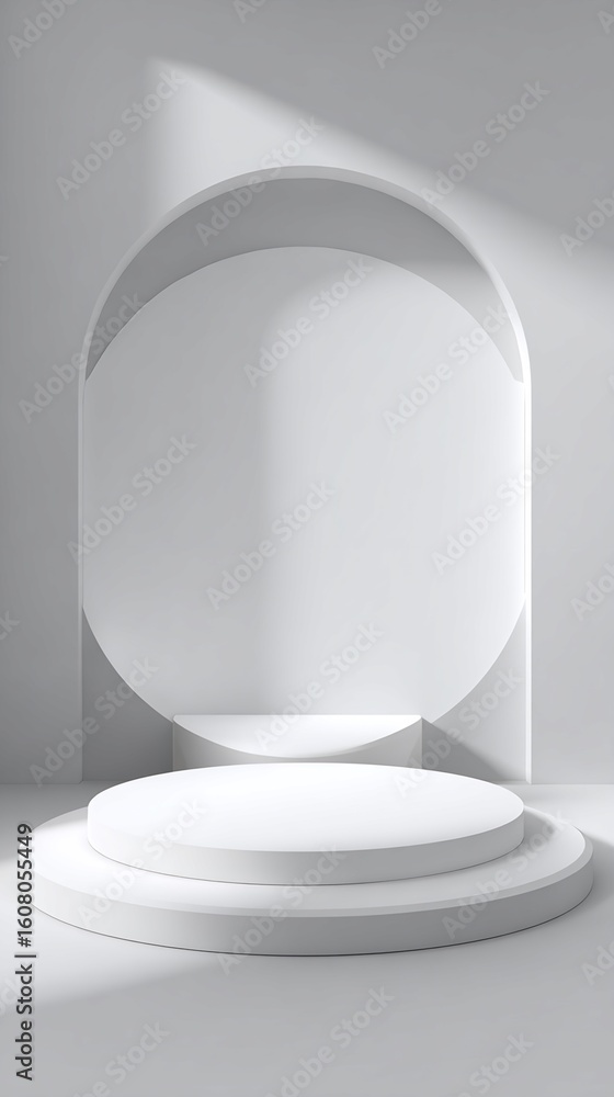 Poster two-tiered circular display platform in minimalist white setting