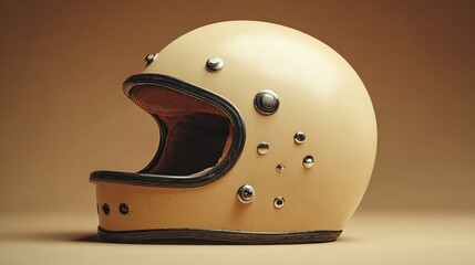 Tan-colored helmet with metal accents on a matching seamless background