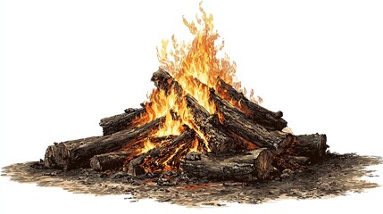 and keyword list based on the image

 Bonfire burning brightly outdoors in the dark with smoke and flames on ground