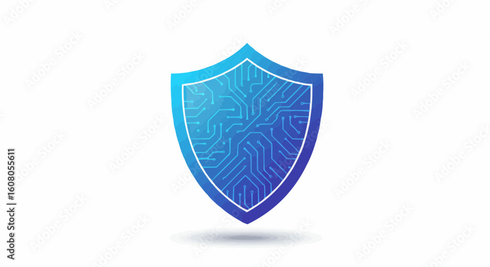 Poster illustration of a blue shield with circuit board pattern on a white background security concept desi