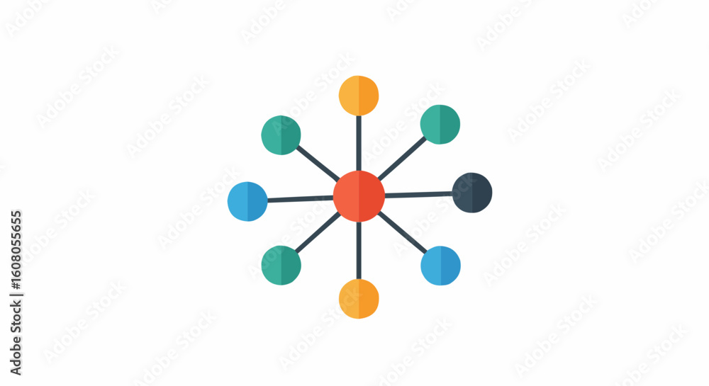 Aufkleber colorful network with central red node connected to various colored nodes by black lines on white