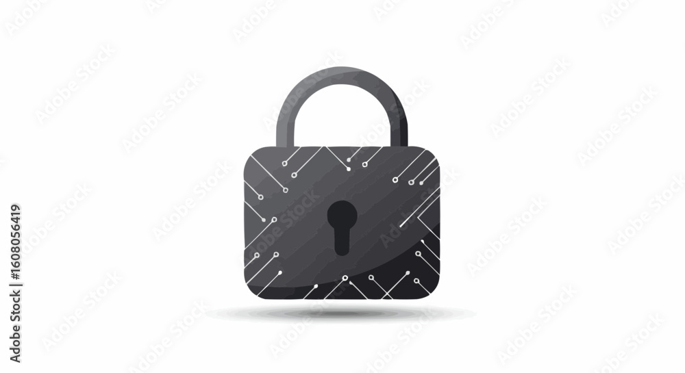 Poster illustration of a gray padlock with white circuit lines on a white background and a shadow below