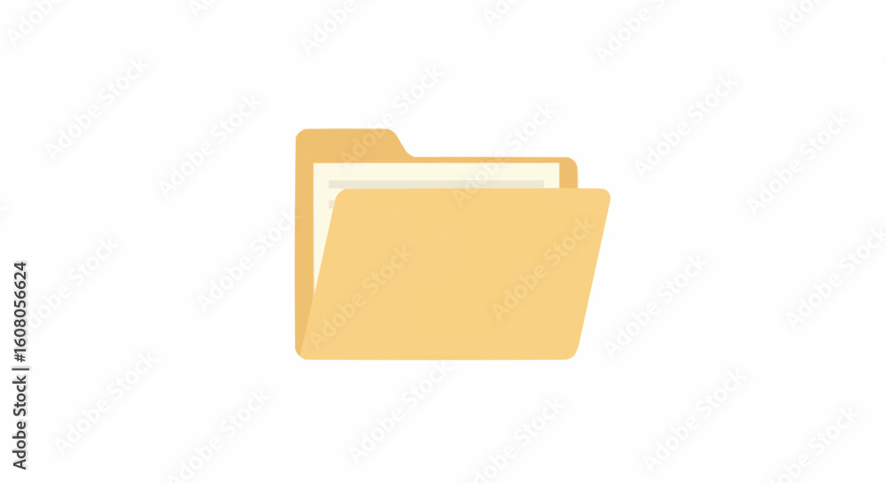 Poster a simple illustration of an open yellow folder with white papers inside on a plain white background