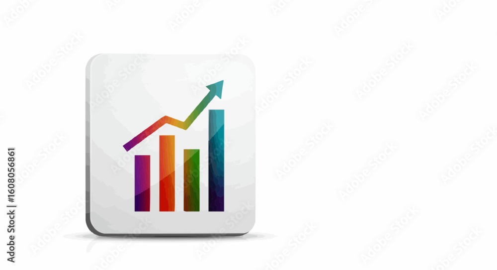 Poster colorful bar graph with an upward trending arrow on a white square icon with rounded corners