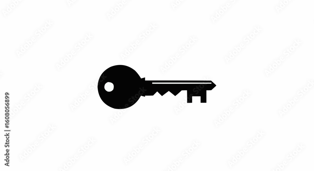 Poster a black key with a circular head and jagged teeth is displayed against a white background image view