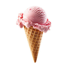 A single scoop of pink ice cream in a waffle cone