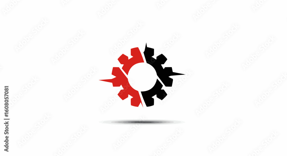 Poster a symmetrical gear design with alternating red and black teeth surrounding a central white circle sh