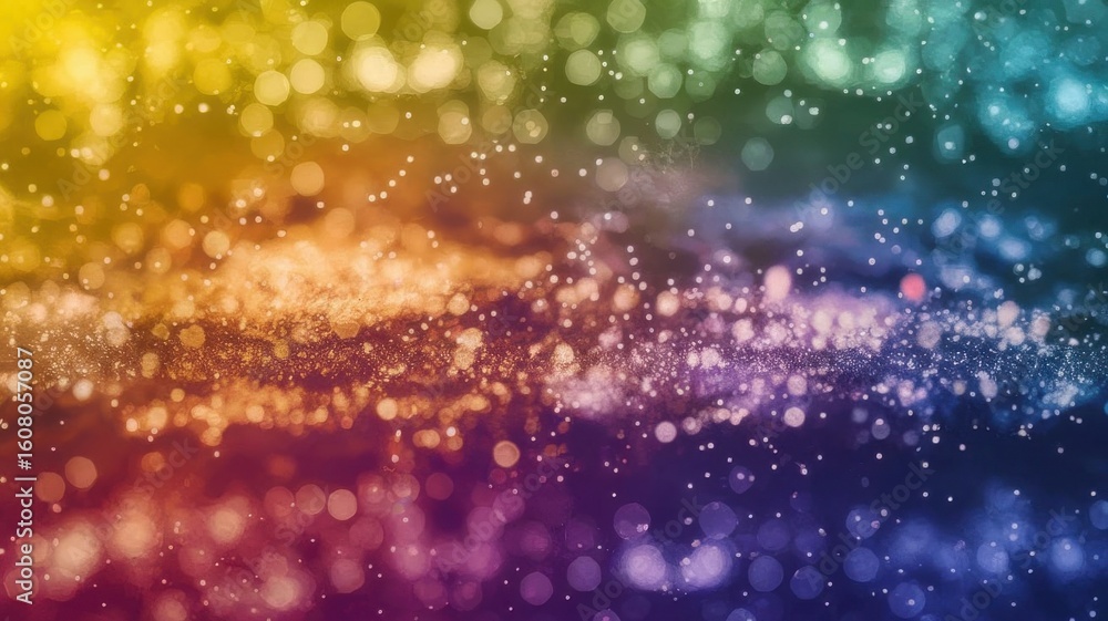 Poster vibrant rainbow gradient background with shimmering particles and bokeh effects