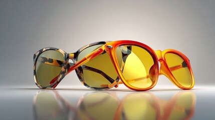Two retro sunglasses, one patterned, one orange, reflecting on glossy surface