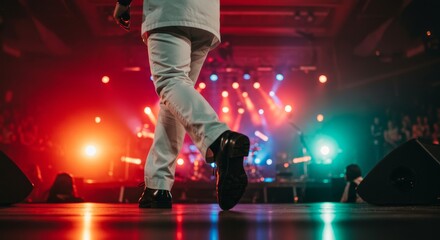 Close-up of a chef's feet pacing on concert stage with colorful lighting effects