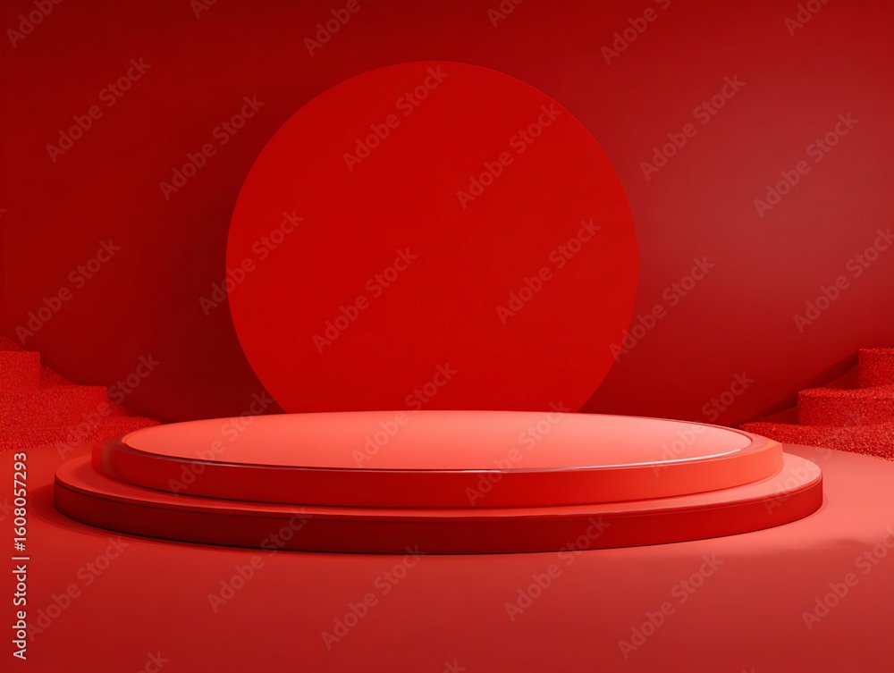 Poster two-tiered red platform with circular background and textured steps