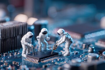 Miniature astronauts working on a circuit board