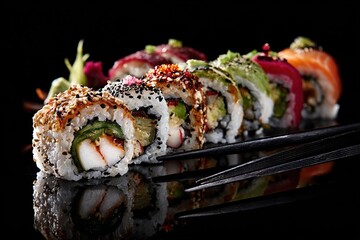 A vibrant assortment of colorful sushi rolls artfully arranged on a glossy black surface, showcasing diverse fillings and textures, accompanied by elegant black chopsticks