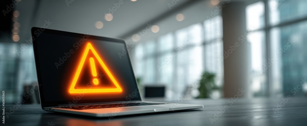 Poster an open laptop displays a glowing warning sign indicating a potential problem or error requiring imm