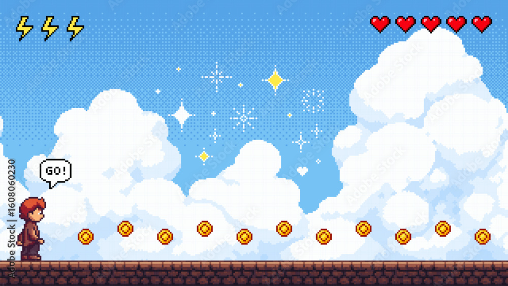 Poster pixel art game level with a man on a platform and floating coins. retro gaming concept design for ap