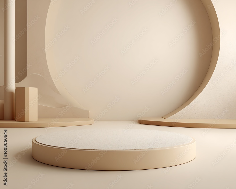 Poster beige and off-white minimalist display scene with circular and rectangular platforms