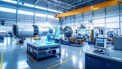 High-tech aircraft engine assembly line.  Advanced manufacturing facility showcasing digital integration