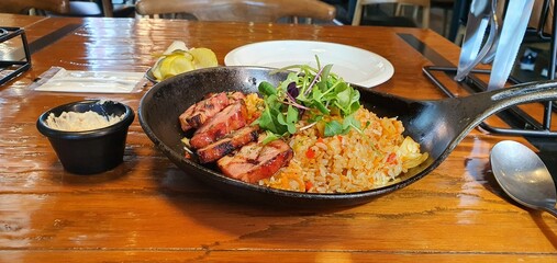 Korean Pork Belly Fried Rice with Kimchi and Vegetables