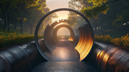 Broken drainage pipes with water flowing through forest at sunset