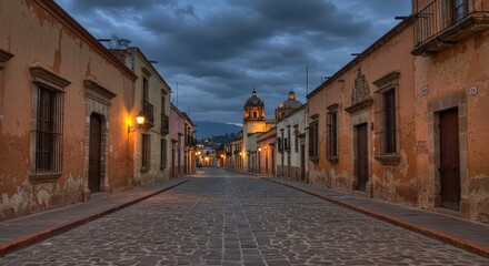 Obraz premium A quaint, cobblestone street in a historic town at twilight. Buildings of warm terracotta hues line the street