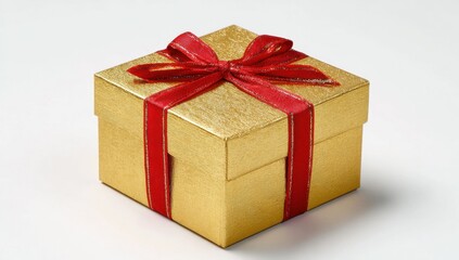 Fototapeta premium A beautifully wrapped golden gift box with a vibrant red ribbon offers a sense of celebration and anticipation for a special occasion.