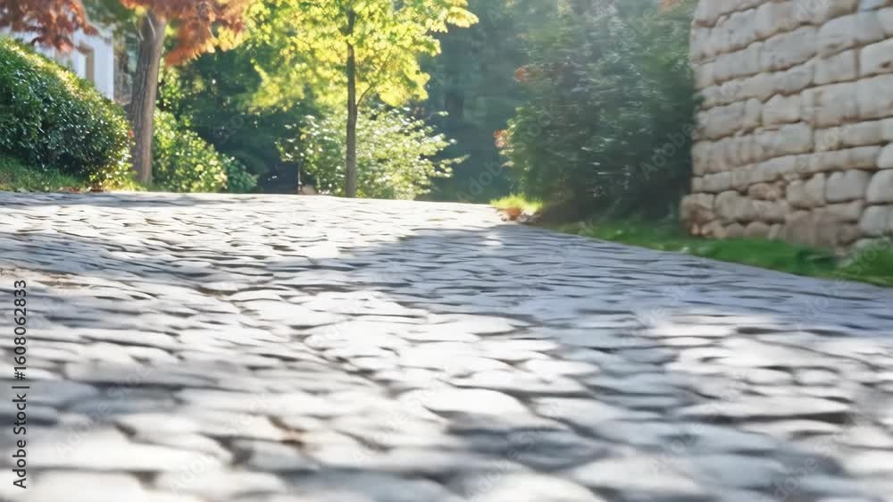 Aufkleber cobblestone pathway through a green park with sunlight filtering through the foliage, creating a