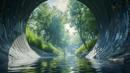 Lush green forest view from inside a large drainage pipe with flowing water