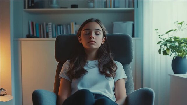 A young woman, possibly tired from her job, is shown in an office setting. She's sitting in a rolling chair, eyes closed and looking peaceful as if lost in thought or daydreaming. The background has