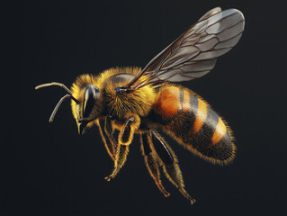 Close-up of a bee in flight against a black background, showcasing intricate details