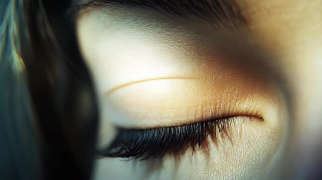 Close-up portrait of woman's eye with colored contact lens, looking off to the side in a stylized way