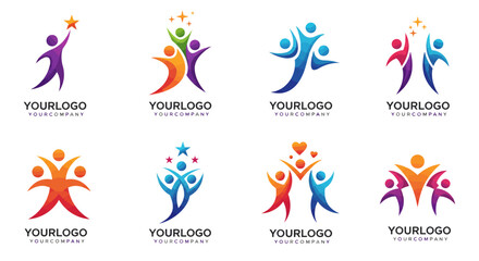 Collection of colorful abstract people logos with dynamic poses, celebrating unity and success. © progoz