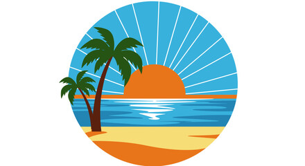 Stylized circular illustration of a tropical beach sunset with two palm trees and vibrant sun rays.