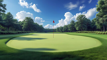 Obraz premium Beautiful Golf Course Green with a Flag Under a Sunny Sky