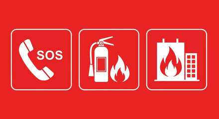 Clean White Flat Fire Safety Icons: SOS Phone, Extinguisher, Burning Building, Emergency Warning Signs