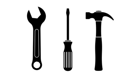 Minimalist black graphic icons of essential hand tools: a spanner wrench, a flathead screwdriver, and a claw hammer.