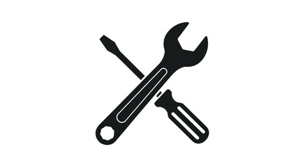 Minimalist black silhouette icon of a crossed open-end wrench and a flathead screwdriver, representing tools and repair.