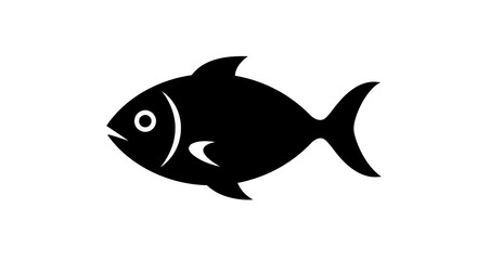 Simple Black Fish Silhouette with Eye, Fins, and Tail, Isolated.