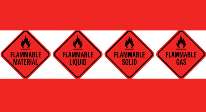 Four Red Diamond-Shaped Flammable Hazard Warning Signs with Black Flames