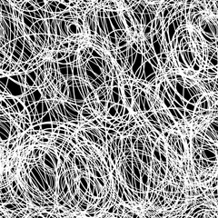 Abstract black and white scribble art seamless pattern, hand-drawn chaotic lines creating a dynamic background, suitable for graphic design, album covers, or experimental layouts
