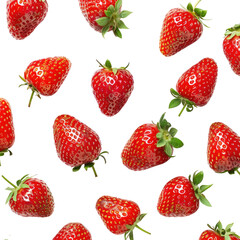 Fresh strawberries, vibrant red, scattered pattern on black background